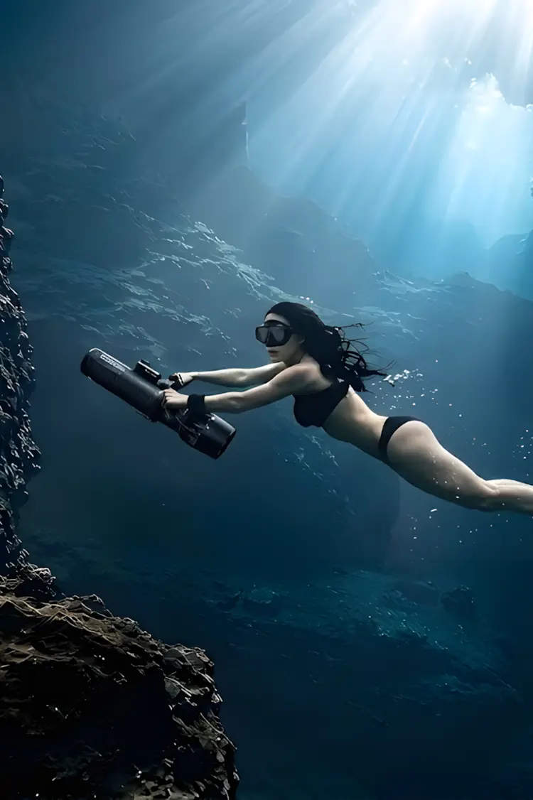 Underwater exploration scene with diver using portable underwater scooter in dark rocky seabed cave