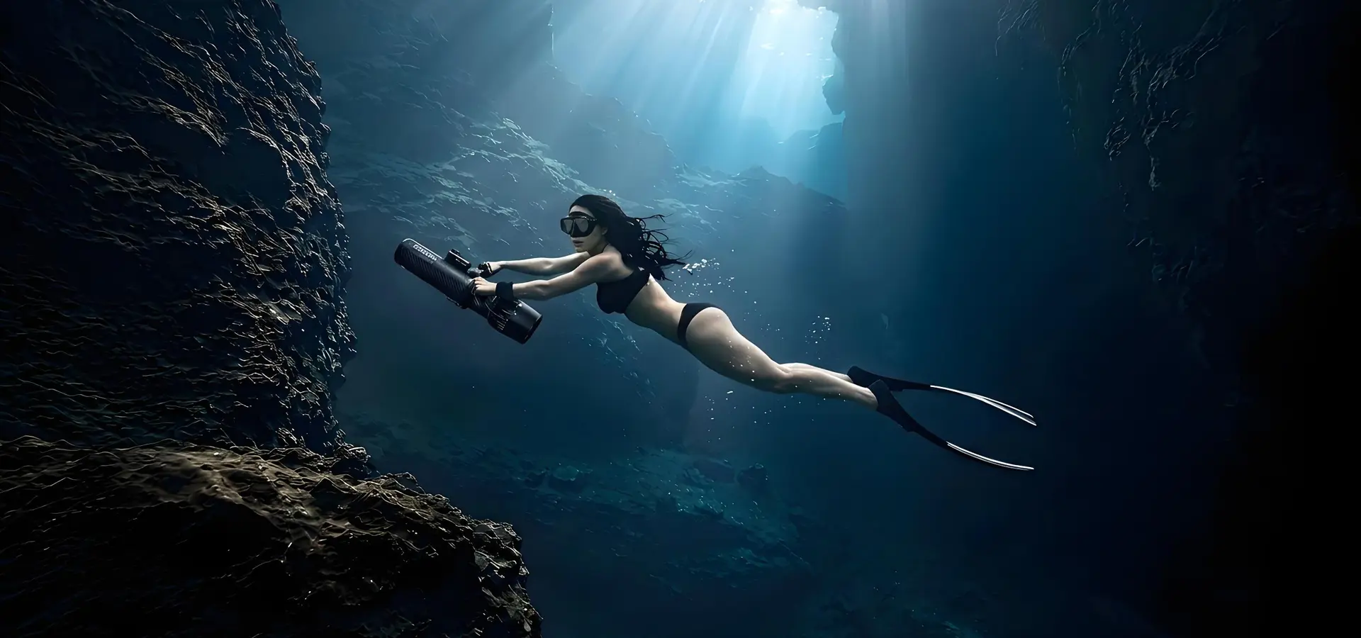 Freediver uses portable underwater scooter to explore deep sea rocky underwater landscape