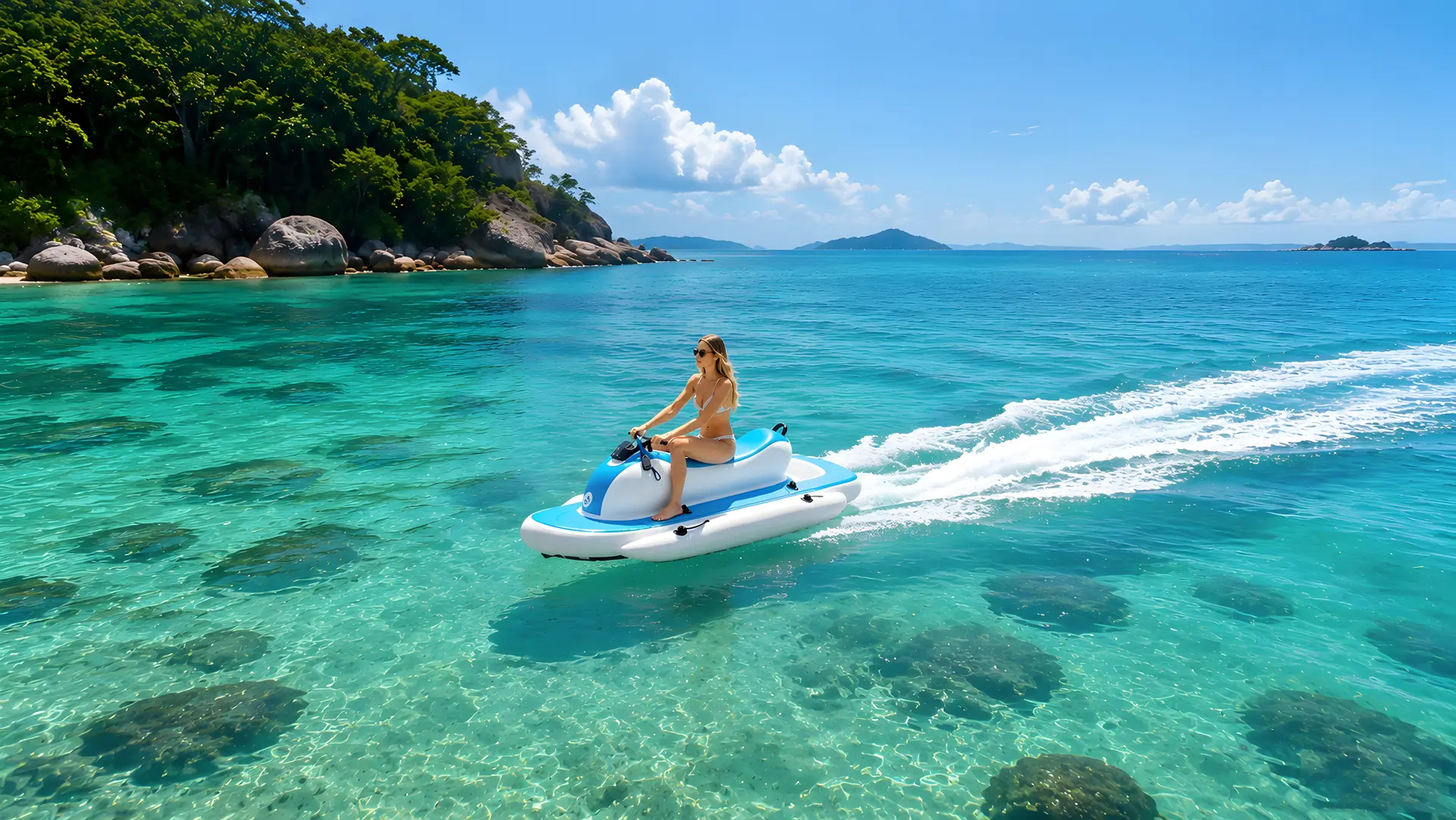 Hero banner image of KESZING LXMT001 portable inflatable water scooter, lightweight electric inflatable motor boat for coastal water entertainment and commercial rental projects