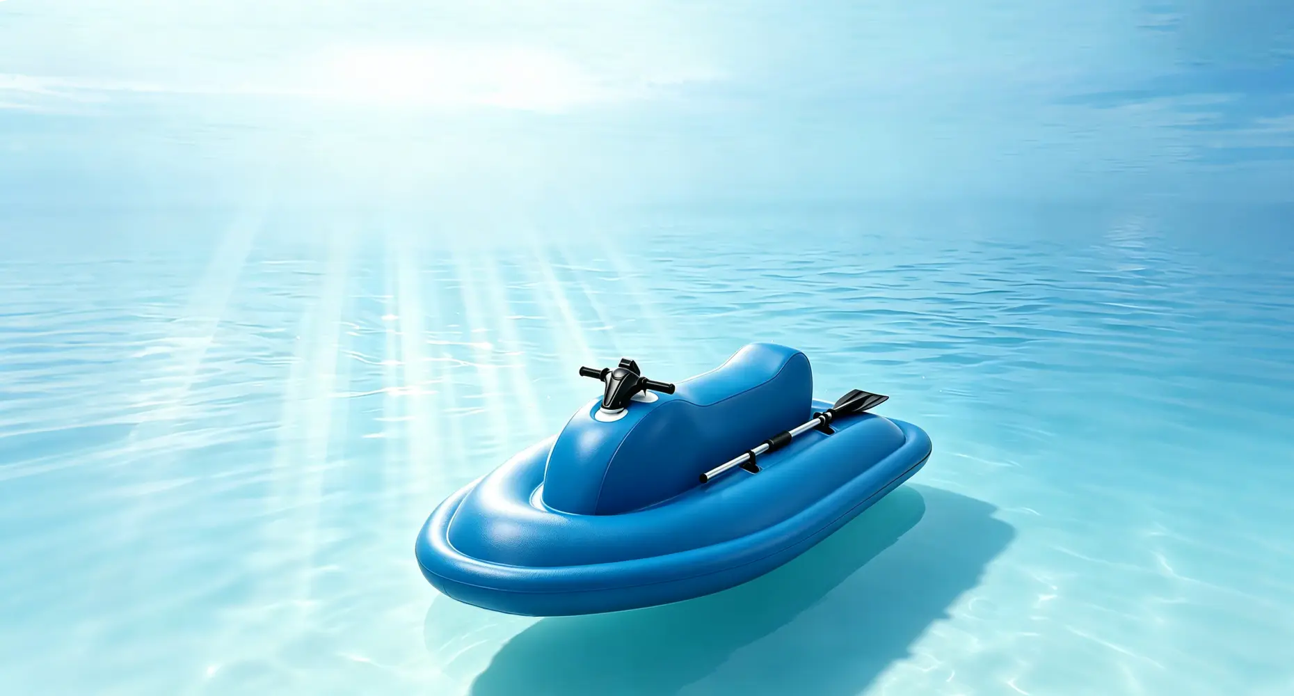 Outdoor real-scene product image of KESZING LXMT002 blue inflatable water scooter with paddle, drifting on clear turquoise sea for coastal leisure water sports commercial rental projects