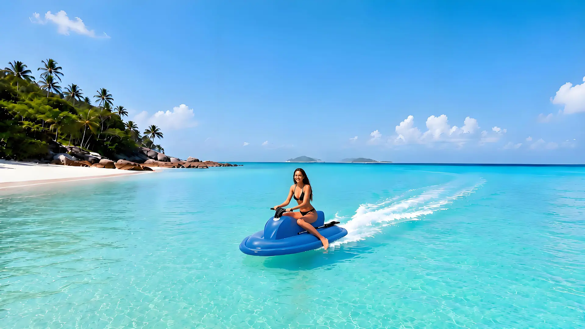 Tropical beach lifestyle hero banner of KESZING LXMT002 inflatable water scooter, woman riding blue inflatable boat on crystal clear ocean for coastal water leisure business promotion