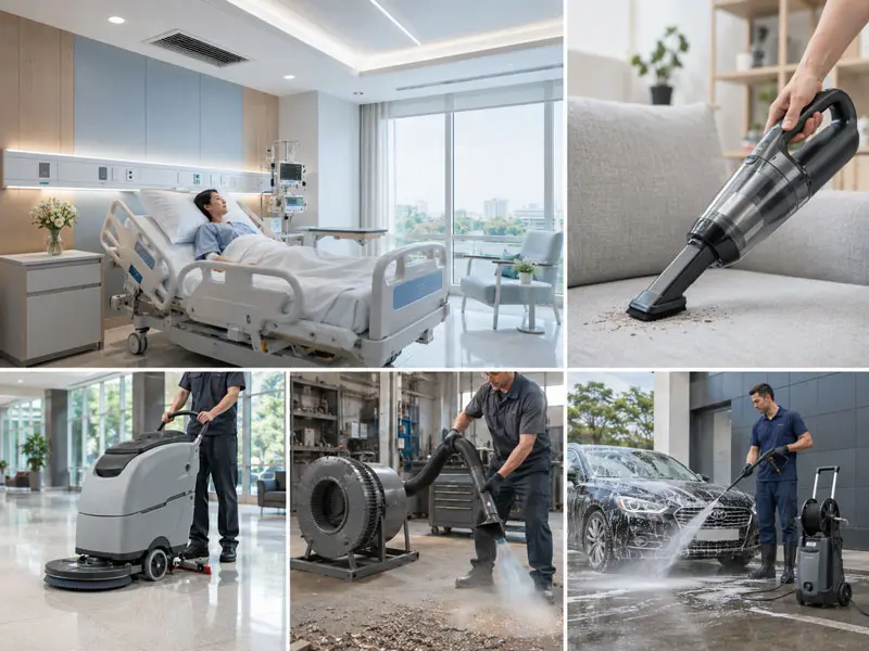 Airflow and vacuum applications featuring medical environments, handheld vacuums, cleaning equipment, and industrial airflow systems