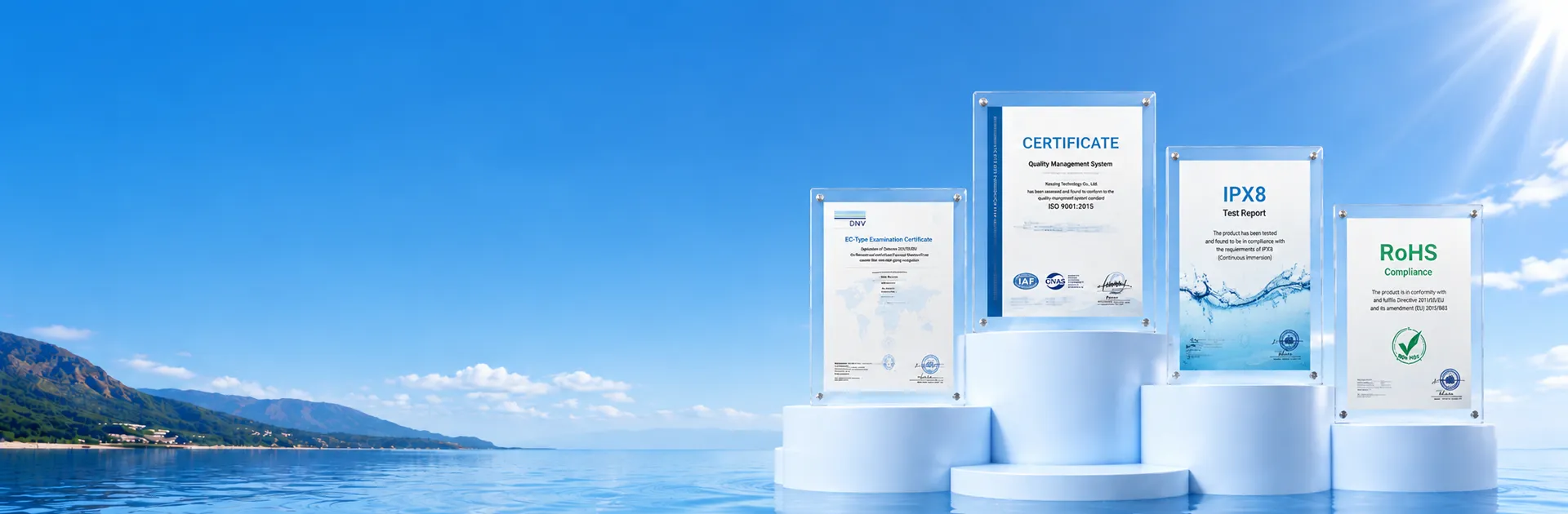 KESZING Certificates featuring quality certifications, IPX8 waterproof test report, ISO management system, and RoHS compliance