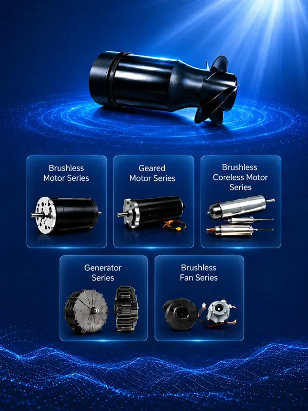 KESZING electric motors and power solutions featuring an underwater thruster motor and multiple motor series