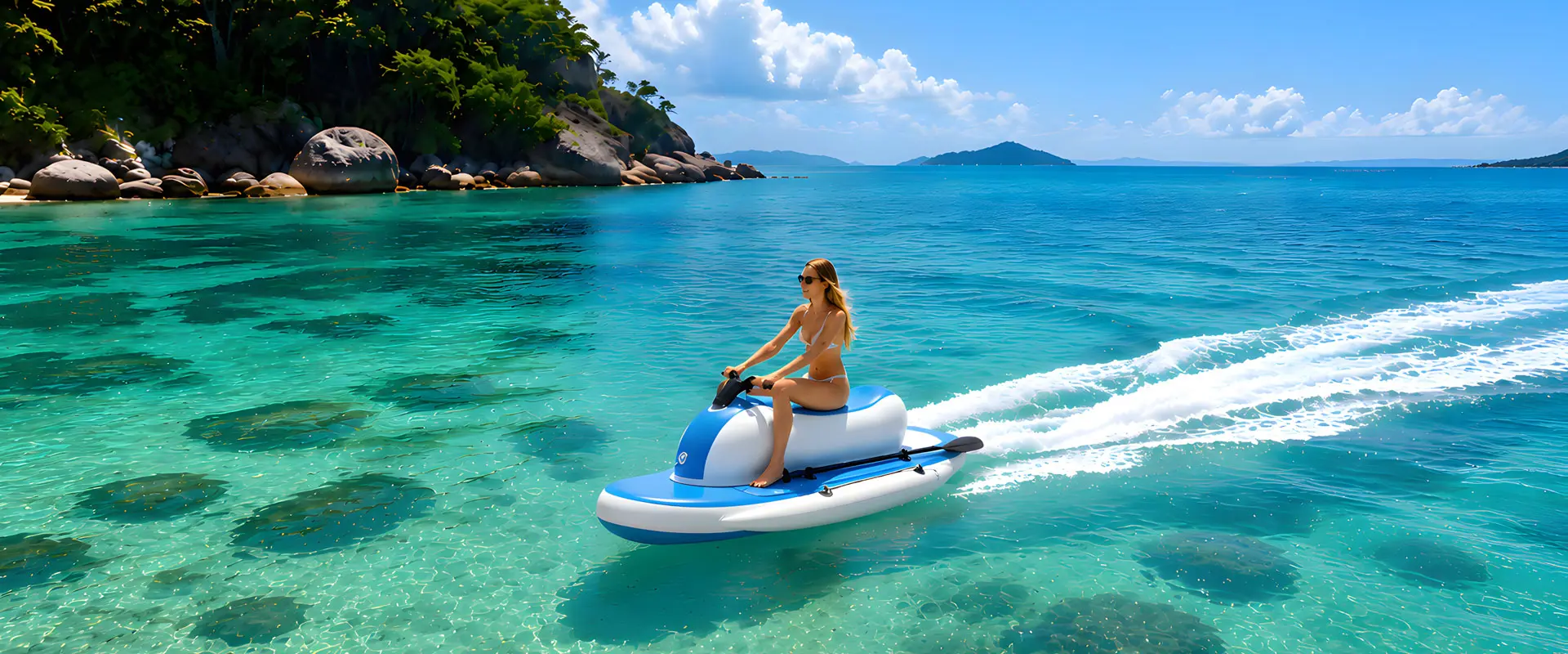 KESZING LXMT001 electric inflatable boat being ridden on clear tropical water