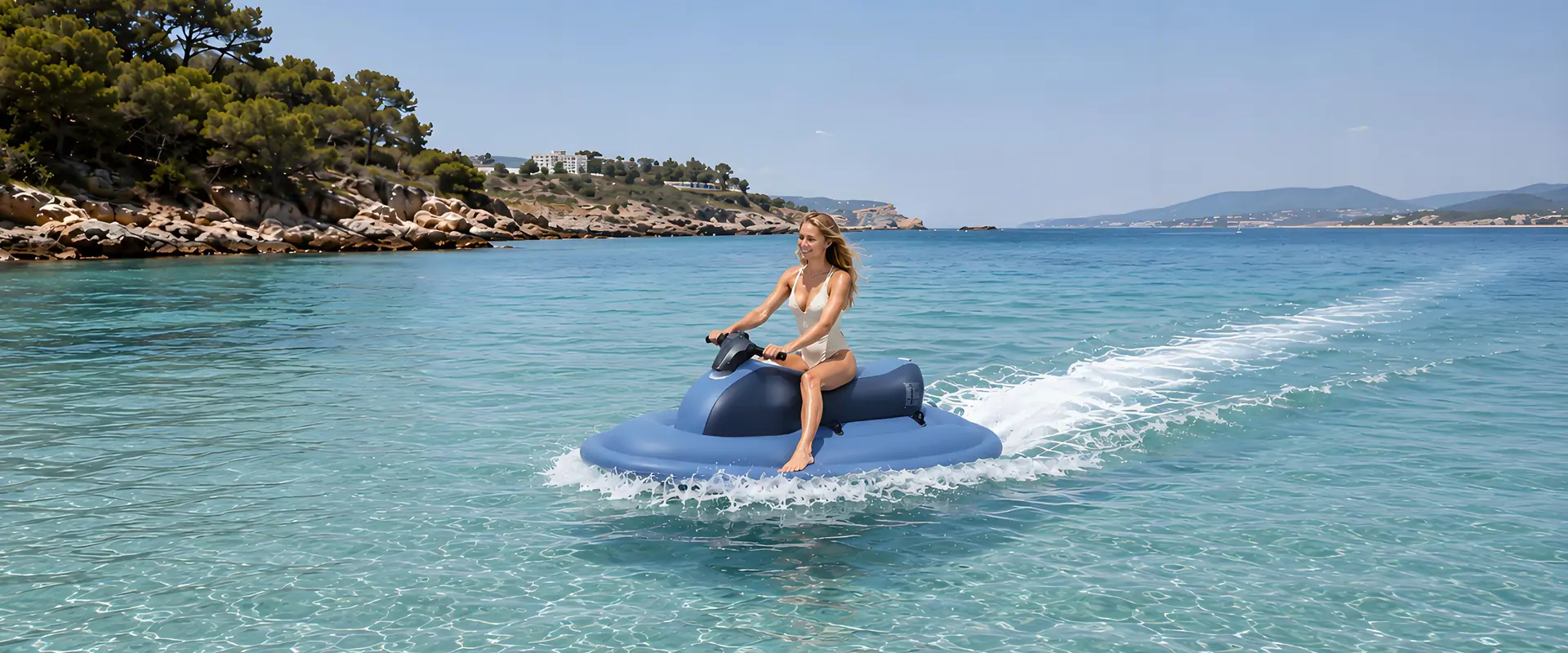 Woman riding a KESZING LXMT002 electric inflatable boat on clear tropical water