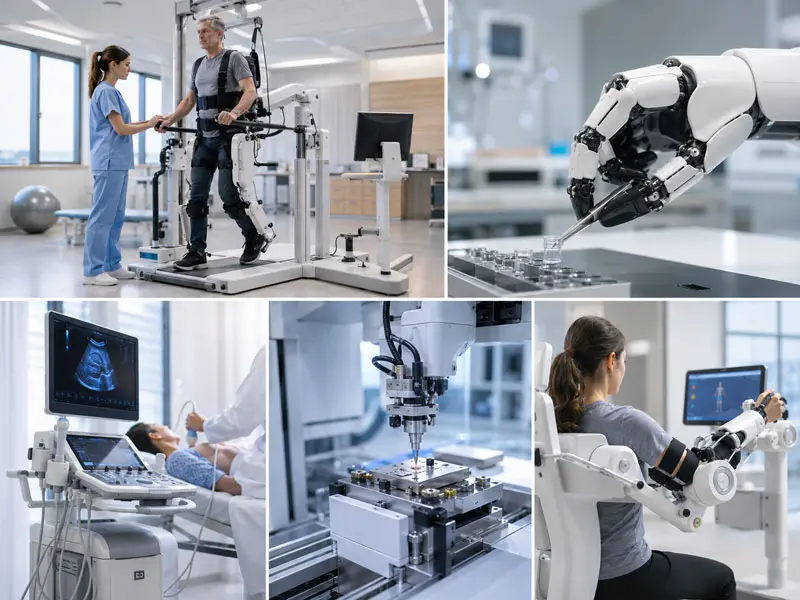 Medical and precision equipment applications including rehabilitation systems, robotic hands, medical instruments, and precision machinery