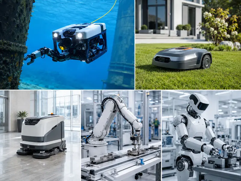 Robotics and automation applications including underwater robots, lawn robots, cleaning robots, industrial robotic arms, and humanoid robots