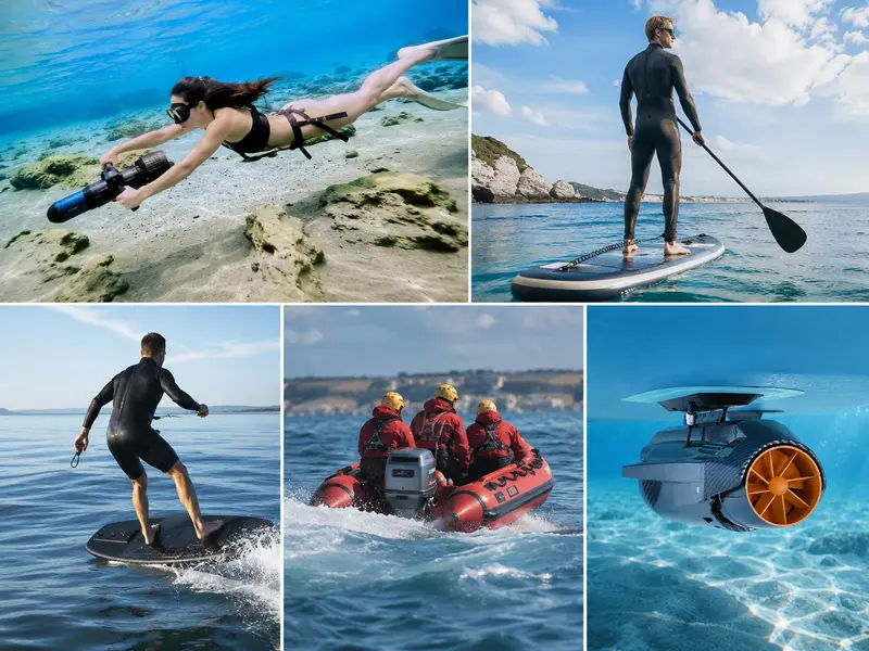 Collage of underwater propulsion and electric watercraft applications including underwater thrusters, SUPs, electric surfboards, rescue boats, and underwater mobility devices
