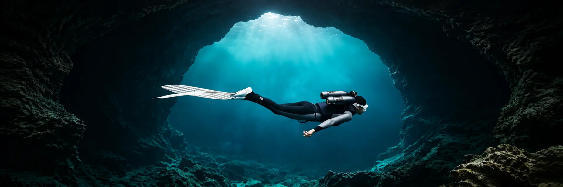 Scuba diver exploring a blue underwater cave during an underwater exploration activity