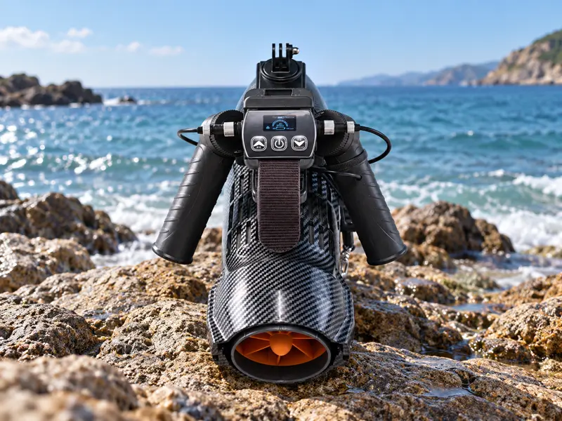 KESZING LXHD 6-1 handheld underwater scooter on a rocky shoreline